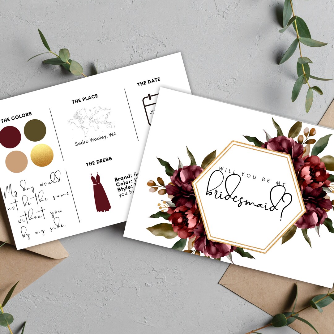 Editable Bridesmaid Proposal Card Burgundy and Gold, Infographic ...