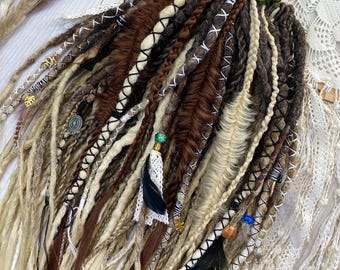 Boho Dreadlocks Set, Brown Blonde DE Dreads, Tribal Dread Extensions, Textured Braids, Feathers & Beads