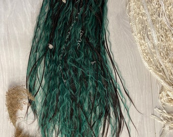 Long Boho DE Dreadlocks Set, Dark Brown to Emerald Green Ombre, Wavy Textured Synthetic Dreads with Braids & Wraps, Handmade Hair Extensions