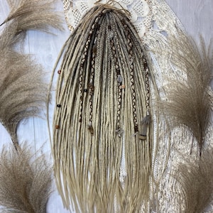 Natural Blonde and Ash Brown Synthetic Dreads with Braids, Wraps and Beads • Crochet Dreads • DE/SE Boho Hair Extensions