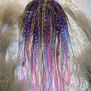 Colorful Boho Dreadlock Extensions – Textured Synthetic Dreads and Braids with Wraps and Beads, Pastel Pink Blue Purple Blond
