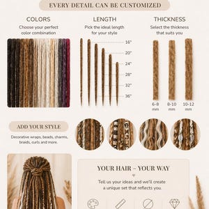 May include: Custom-made hair extensions with options for color, length (16" to 36"), and thickness (6-12 mm). The image showcases various styles, including braids and decorative wraps. Text reads "Custom Made Just For You".