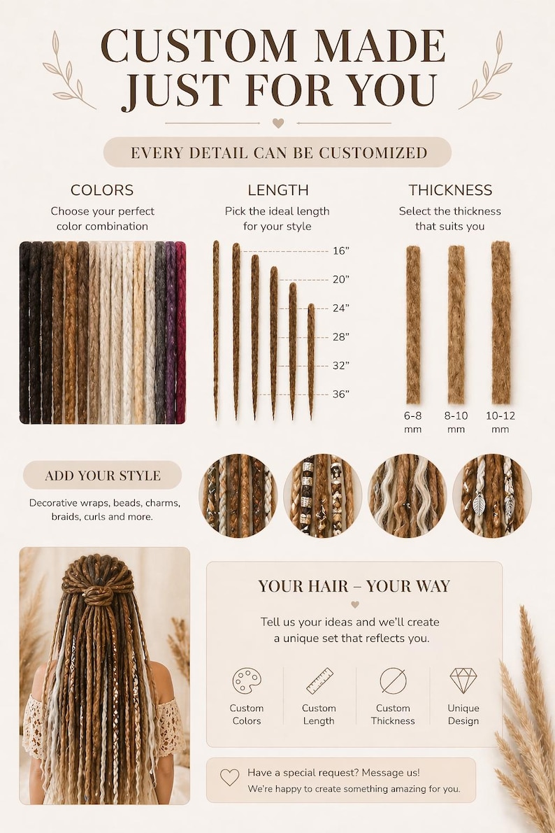 May include: Custom-made hair extensions with options for color, length (16" to 36"), and thickness (6-12 mm). The image showcases various styles, including braids and decorative wraps. Text reads "Custom Made Just For You".