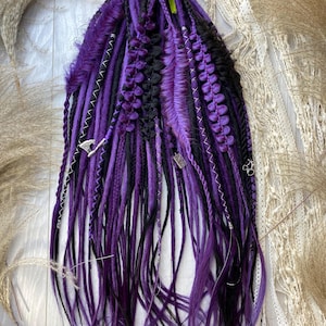 Purple and Black Synthetic Dreads and Braids with Loose Ends • Boho Festival Hair Extensions • Gothic Cosplay Braided Dreadlock Set