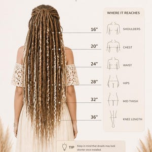 May include: A length guide for dreadlocks, showing lengths from 16" to 36". The guide illustrates where each length reaches on the body, from shoulders to knee length. The image also highlights features like lightweight and reusable dreadlocks.