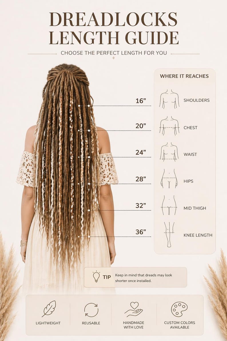 May include: A length guide for dreadlocks, showing lengths from 16" to 36". The guide illustrates where each length reaches on the body, from shoulders to knee length. The image also highlights features like lightweight and reusable dreadlocks.