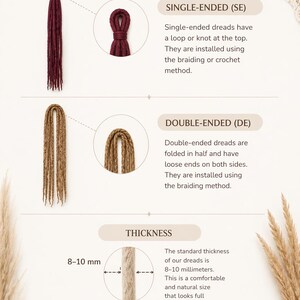 May include: Informational graphic about dreadlocks, including single-ended and double-ended types, with illustrations. The graphic also details the thickness of the dreads, which is 8-10 mm, and highlights that they are lightweight, reusable, and handmade.