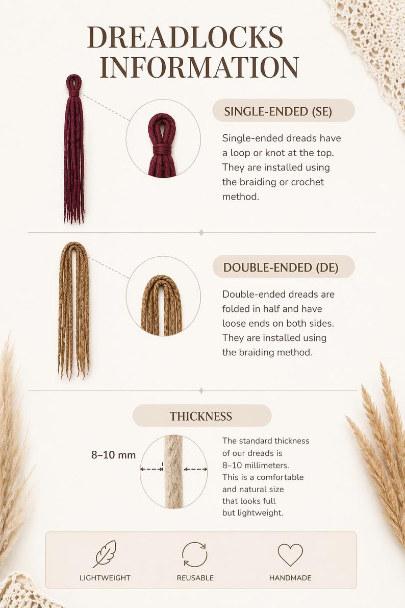 May include: Informational graphic about dreadlocks, including single-ended and double-ended types, with illustrations. The graphic also details the thickness of the dreads, which is 8-10 mm, and highlights that they are lightweight, reusable, and handmade.