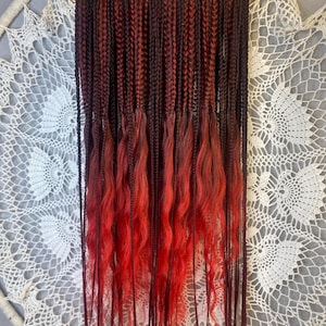 Red ombre synthetic braids with loose curls – Handmade DE dreads – Boho goddess hair extensions, Textured red braids, Afrostyle crochet loоk