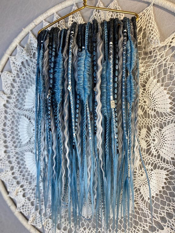 Blue Ombre Crochet Dreadlocks with Grey Curls - 23" DE Dreads Set