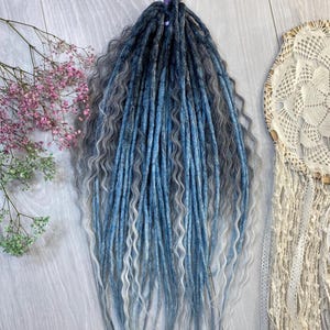 Blue and Grey Ombre Synthetic Dreads with Wavy Ends | Ocean Breeze DE Dreadlocks | Boho Festival Hair Extensions