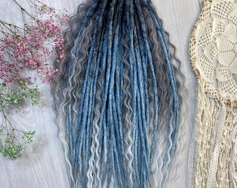 Viking Blue Ombre Dreadlock Extensions: Curly Synthetic DE Dreads, 23 Inch
