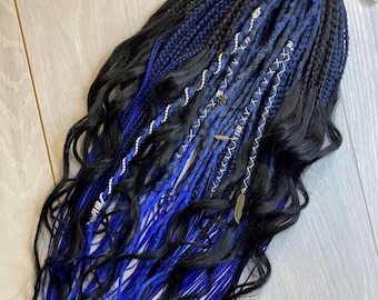 Blue Black Dreadlock Extensions with Curls, Synthetic DE Dreads