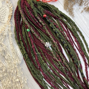 Boho Forest Dreadlock Extensions – Handmade Burgundy and Olive Green Synthetic DE Dreads with Braids, Wraps & Charms for Festival Hair