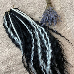 Curly dreadlocks, Black & White Dreadlock Set • Gothic Curly SE/DE Dreads • Witchy Boho Braids for Alt Style  Cosplay