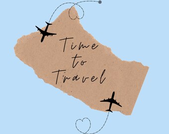 May include: A light blue background features a torn piece of tan paper with the black text Time to Travel. Two black aeroplane silhouettes are present, each with a dotted flight path line that forms a heart shape. Ultimate Travel Planner text.
