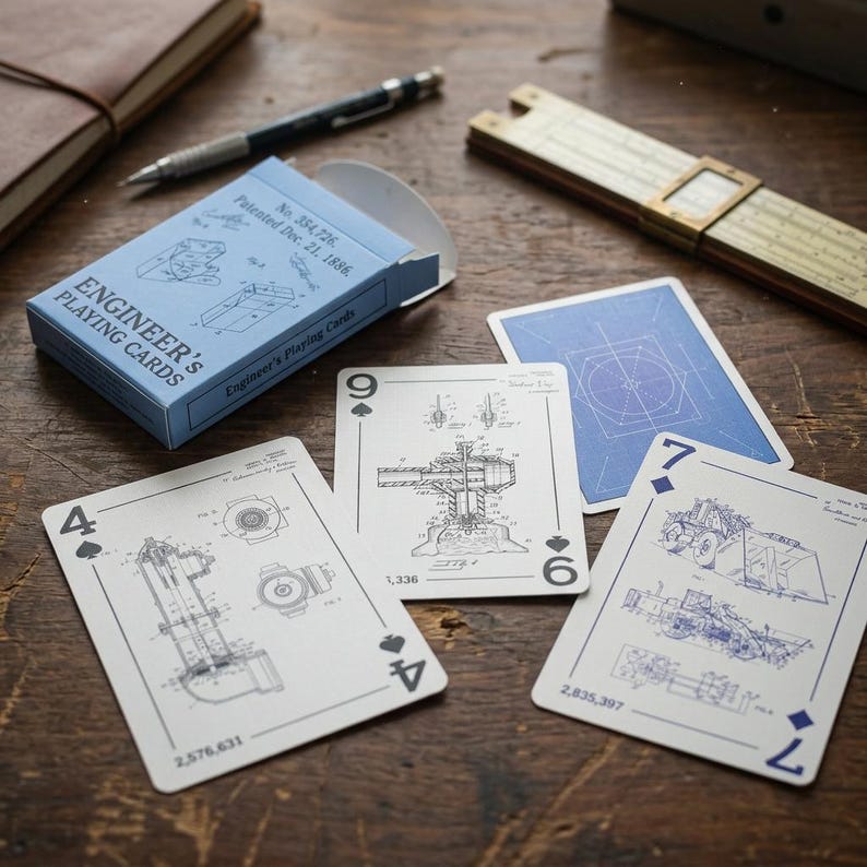 May include: A deck of Engineer's Playing Cards with a light blue box and patent-style illustrations on the cards. The cards feature blueprints and machinery designs. A pen and slide rule are also visible.