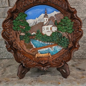 Vintage Ramsau Germany St. Sebastian Church Carved Wood Resin Plate Hand-Painted