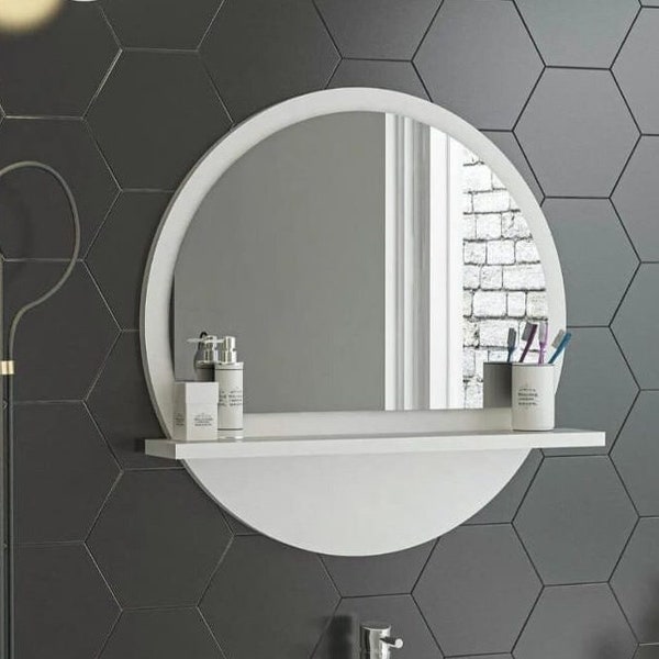 Miroir mural avec étagère, miroir blanc, miroir décoratif mural, décoration intérieure, miroir de maison, décoration de salle de bain, miroir décoratif, étagère de miroir de salle de bain