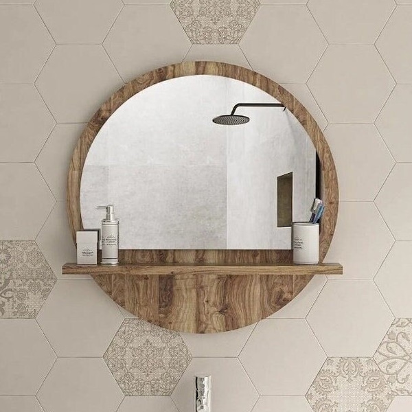 Miroir mural avec étagère, miroir en noyer, miroir décoratif mural, décoration intérieure, miroir de maison, décoration de salle de bain, miroir décoratif, étagère miroir de salle de bain