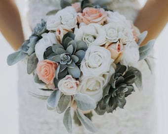 Cream and Coral Sweetheart Roses and Succulents, Round Hand tied Bridal Bouquet