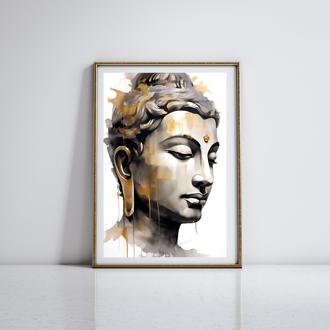 Buddha Statue Wall Art - Black & Gold Watercolor Print, Zen Home Decor ...