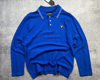 Polo vintage a maniche lunghe Lyle & Scott da uomo, taglia M, blu, vestibilità classica, nuova con etichette.