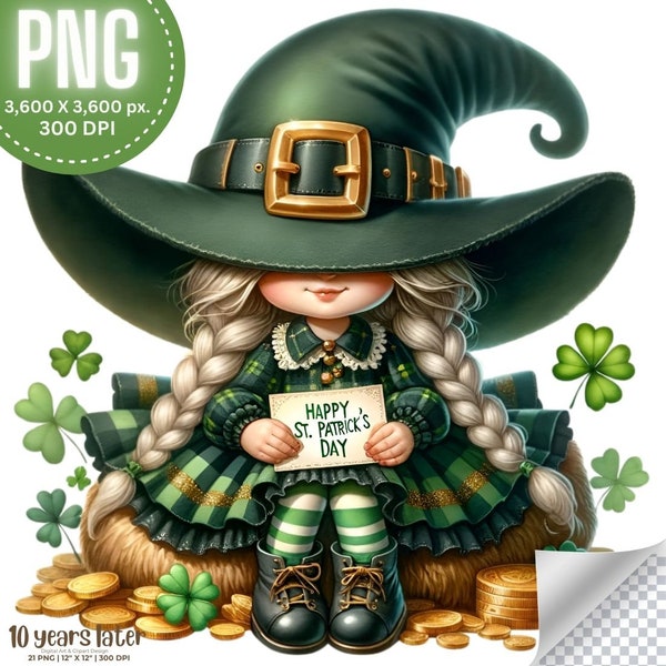 St.Patrick Girl Gnome on High Quality 21 Clipart | St.Patrick Gnome PNG, St.Patrick Watercolor Gnome, Female Gnome Commercial use