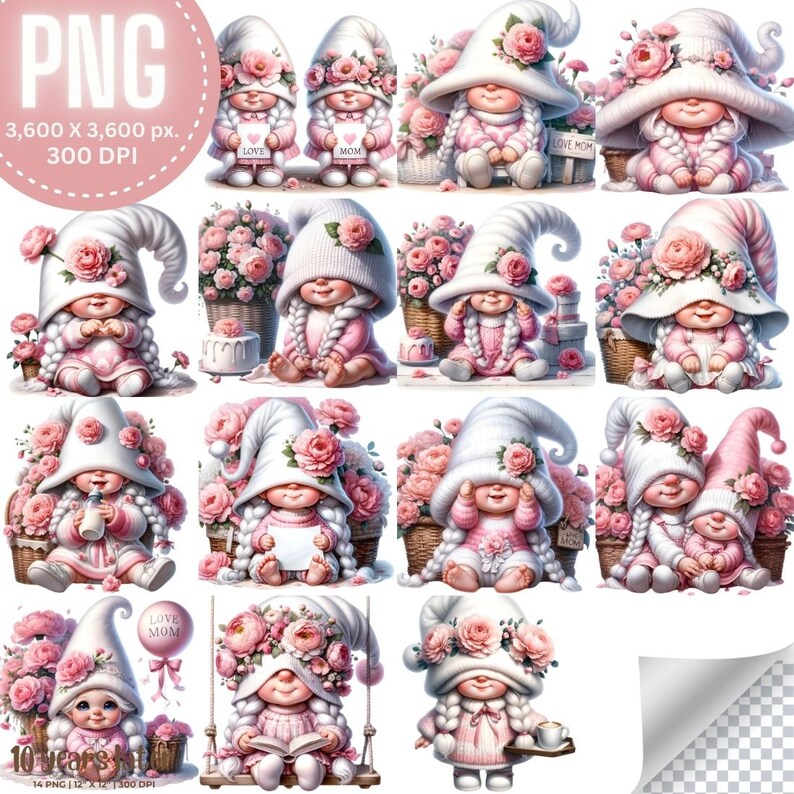 Mother's Day Pink Carnations Baby Girl Gnome Watercolor Female Gnome ...