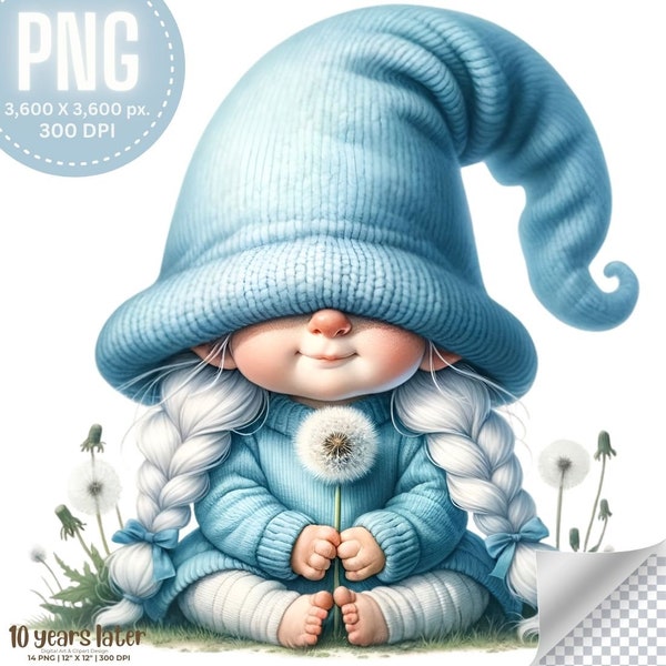 Dandelion Girl Gnome! Watercolor Female Gnome High Quality Clipart 14 PNG, Cute Gnome With Blue Flowers, Spring Gnome, Commercial Use