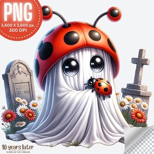 Boo Bug! Coccinella Fantasma Acquerello Clipart di Alta Qualità 15 PNG, Simpatico Fantasma Rosso con Fiori, Clipart per Giardinieri, Fantasma Primaverile PNG