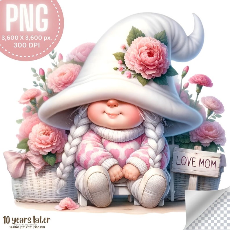 Mother's Day Pink Carnations Baby Girl Gnome Watercolor Female Gnome ...