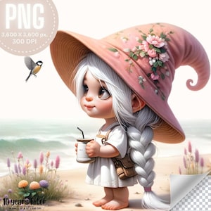 Té de la tarde de niña gnomo Clip Arts 14 PNG / Linda gnoma femenina acuarela, niña gnomo de la hora del té, pastel gnomo Clip Arts Uso comercial