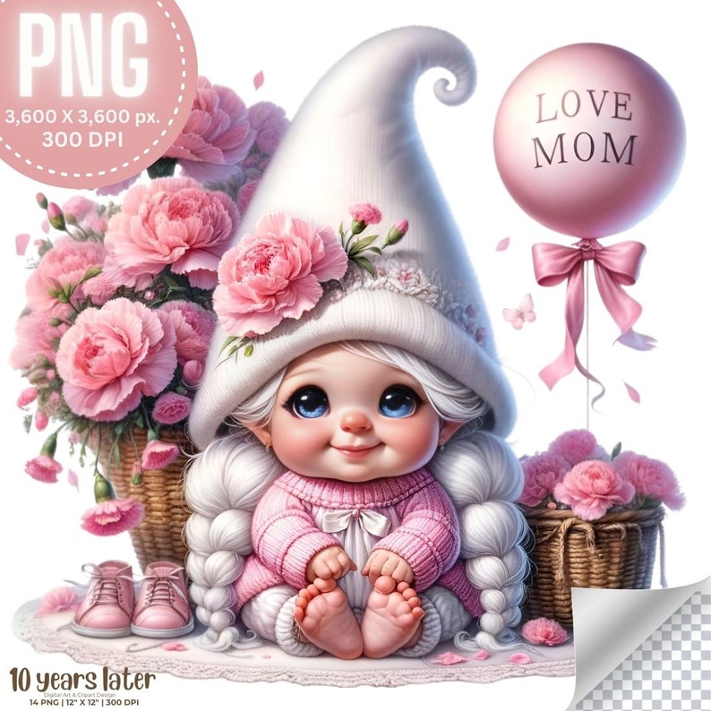 Mother's Day Pink Carnations Baby Girl Gnome Watercolor Female Gnome ...