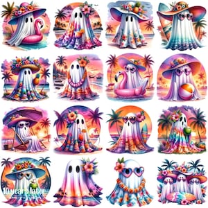 Aquarel tropische zonsondergangen spook hoge kwaliteit clipart 16 png, schattige spook op het strand, clipart voor zonsondergangen, vakantiespook png