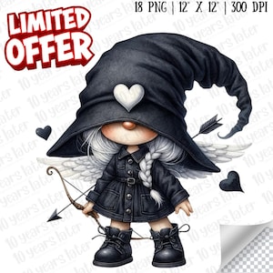 Offerta limitata! / Gnomo femminile in clipart di San Valentino nero / Uso commerciale di San Valentino nero