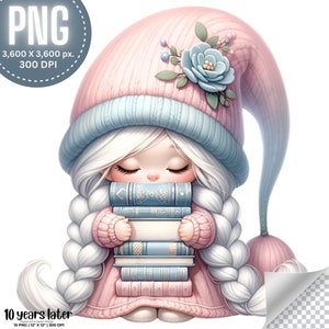 Libro Lectura Chica Gnome Clip Arts 16 PNGs / Lindo Mujer Gnome Clip arts, Pastel Girl Gnome, Bibliotecaria Chica Gnome Clip Arts Uso Comercial