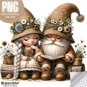 Schattig paar kabouter met wilde bloemen illustraties 20 Png | Cottagecore Gnome mannelijke PNG, aquarel Gnome Girl, Wildflowers Garden, commercieel gebruik