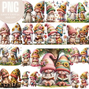 Lente zomer meisje kabouters digitale clipart collectie 14 PNGs, vriendschap vrouwelijke kabouter aquarel voor crafting, Twin Girl Gnome clipart