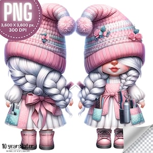 Salon Girl Gnome digitale clipartcollectie 18 PNG's, kapper vrouwelijke kabouter aquarel voor crafting, haarstylist clipart unieke ontwerpen