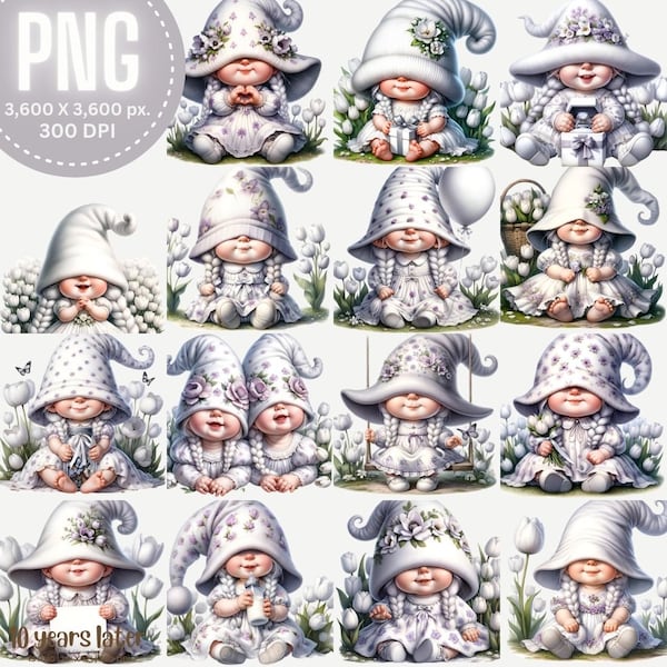 White Tulips Girl Gnome! Watercolor Female Gnome High Quality Clipart 15 PNG, Cute Gnome With White Flowers, Spring Gnome, Commercial Use