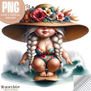 Sunsets Girl Gnome Alta Calidad 13 Clipart / Gnomo femenino en la playa PNG, Gnomo femenino acuarela, Chica linda de vacaciones, Uso comercial