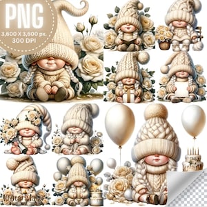 Gnomo bambina con rose beige! Acquerello di gnomo femmina di alta qualità, 10 clipart, gnomo carino, rose color crema per feste di compleanno, uso commerciale