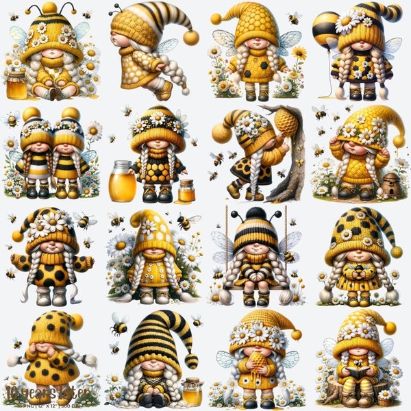 Hummel Mädchen Wichtel! Aquarell weiblicher Gnom hochwertige Clipart 16 PNG, niedliche Gnom mit Blumen, Frühlingsmädchen Gnom PNG kommerzielle Nutzung