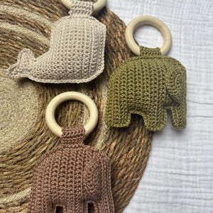 Anillo de dentición de algodón con forma de elefante/ballena – juguete de madera hecho a mano para la dentición del bebé – regalo unisex sostenible para baby shower