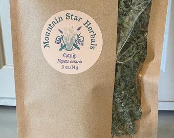 Hierba gatera, Nepeta cataria, 14 g (0,5 oz), cultivada y secada regenerativamente para tés, tinturas, golosinas para gatos y más, bolsa compostable