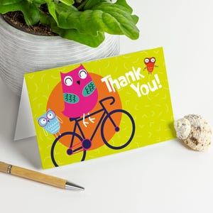 Lot de 10 cartes de remerciement A2 pour faire du vélo, hiboux mignons + enveloppes * Hibou amusant, joyeux cycliste