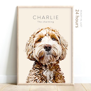 May include: A digital illustration of a brown and white dog with the text "CHARLIE The charming" above the dog.