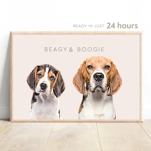 May include: A beige poster with the text "Beagy & Boogie" printed in black. Two beagle dogs are pictured, one on each side of the text. The dog on the left is a brown and white beagle puppy looking to the left. The dog on the right is a brown and white adult beagle looking straight ahead.