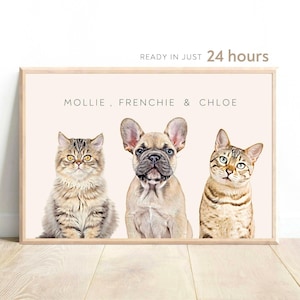 Multi pet portrait Custom pet portraits using pet photo Cat sympathy gift Pet remembrance gift Custom dog painting Personalized Dog Wall Art